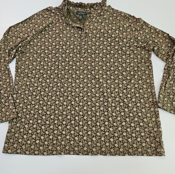 Lauren ralph lauren sz2X brown cotton floral 1/4 button up blouse ruffled neck - Picture 8 of 10